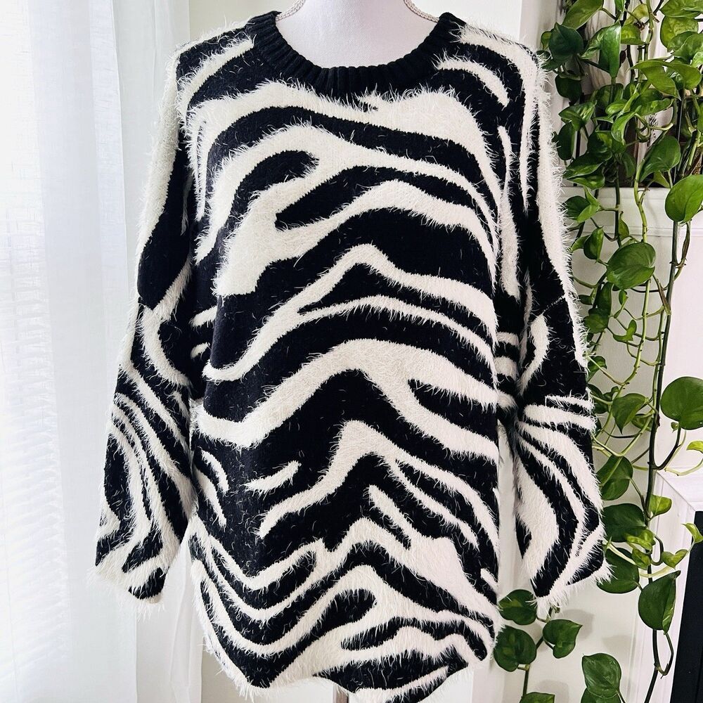 Kerisma Zebra Stripe Super Soft Black & White Cozy Stretchy Sweater Plus 2X / 3X